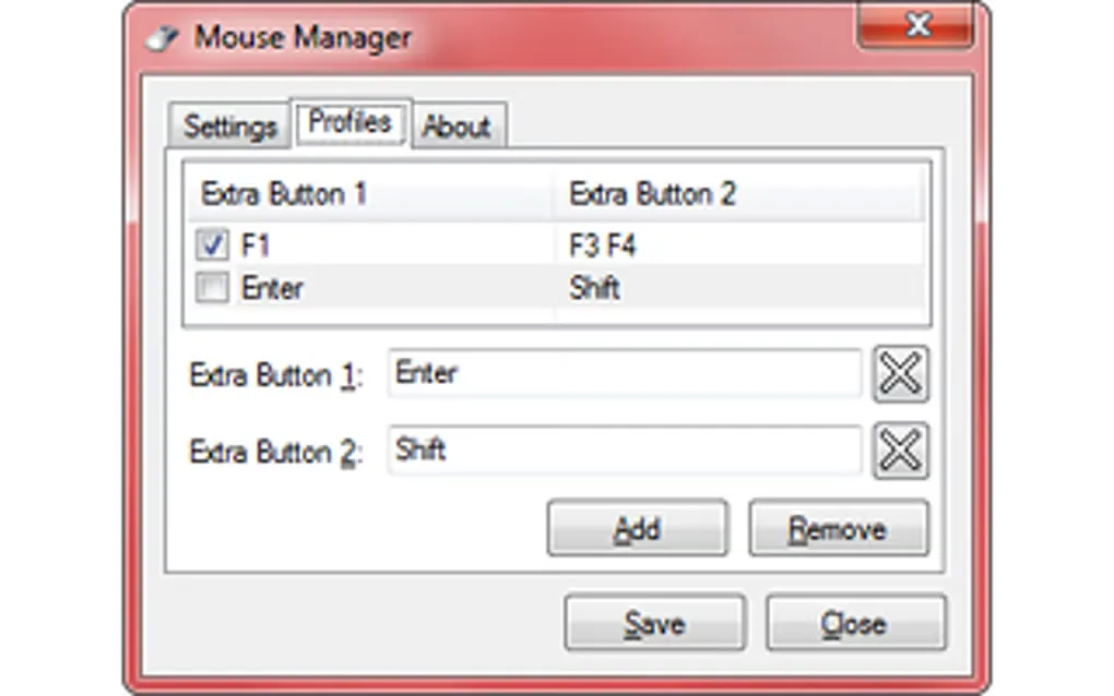 Mouse Manager Profiles tab showing two extra-button mapping profiles and Enter and Shift assignments in an older Windows interface