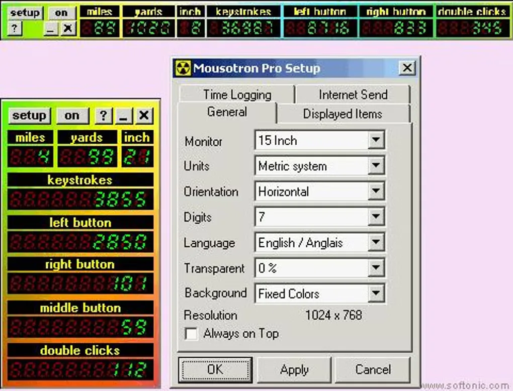 Legacy Mousotron horizontal and vertical activity counters beside the Mousotron Pro Setup settings window; Softonic watermark retained