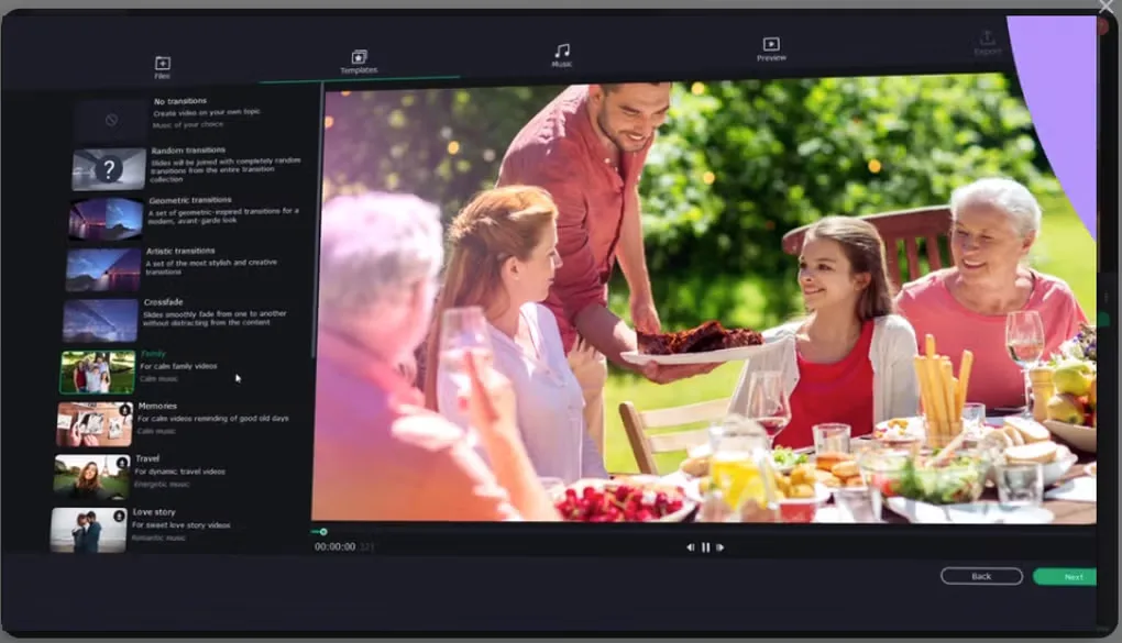 Movavi Slideshow Maker wizard with slideshow templates on the left and a family gathering preview on the right.