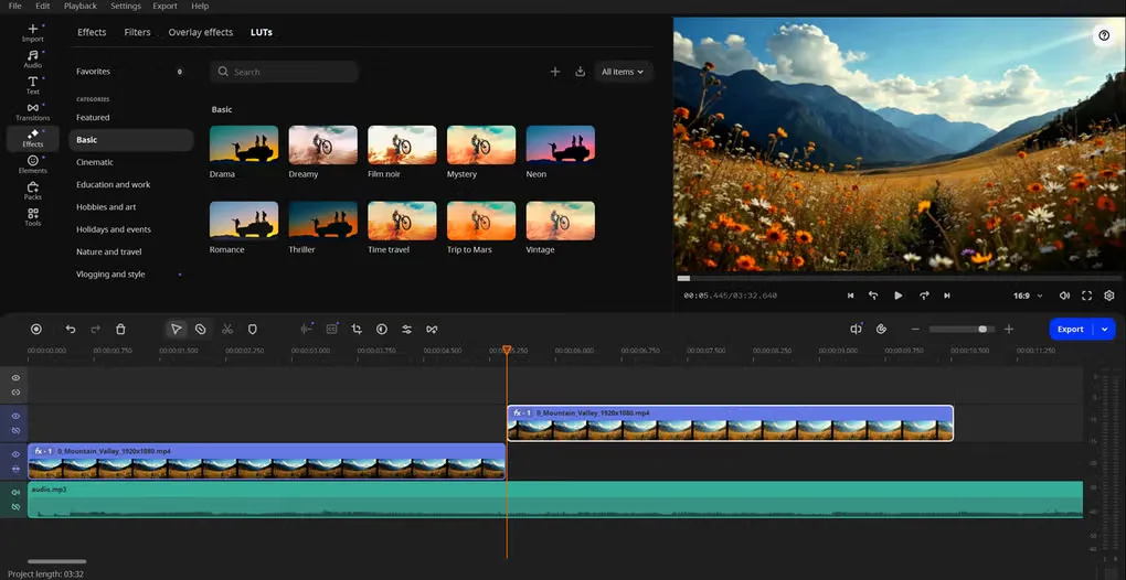 Movavi Video Editor workspace with effect presets, a mountain preview, two video tracks and an audio waveform