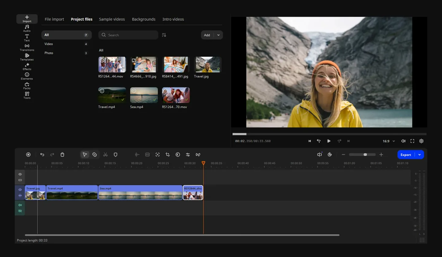 Movavi Video Editor workspace with project files, a video preview and clips arranged on the timeline.