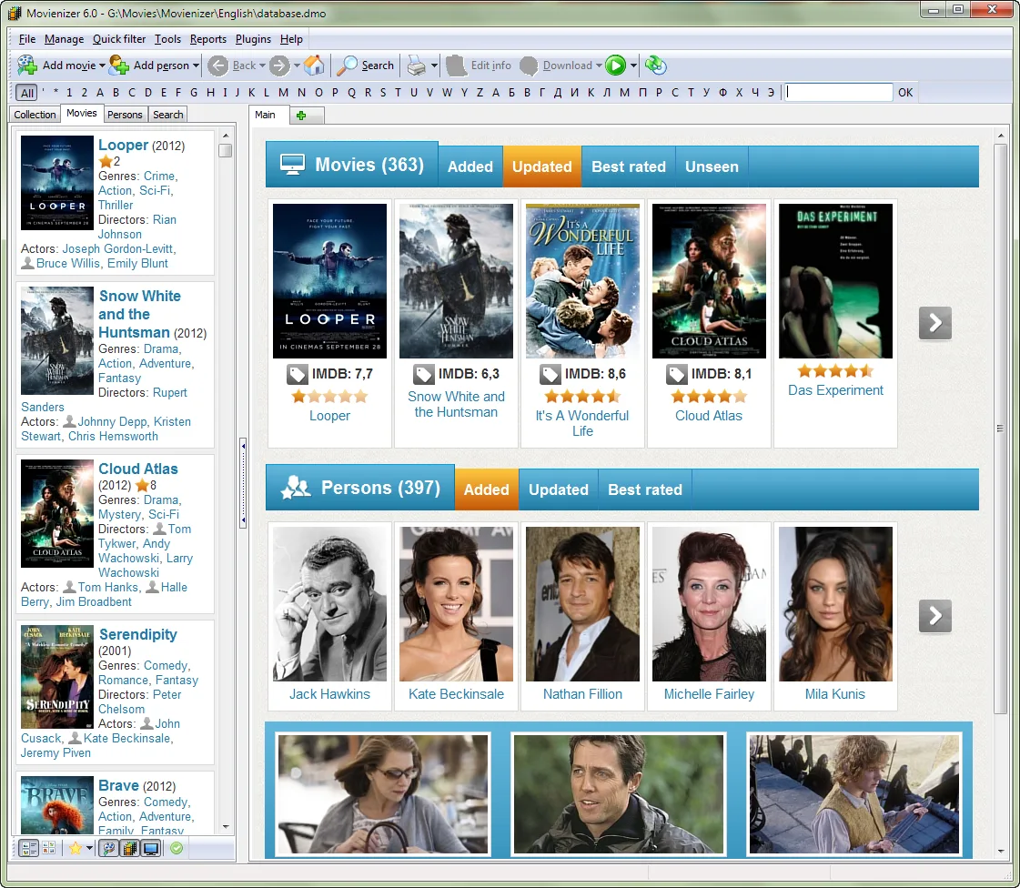 Movienizer 6.0 historical Breeze interface with movie posters, ratings and a persons grid