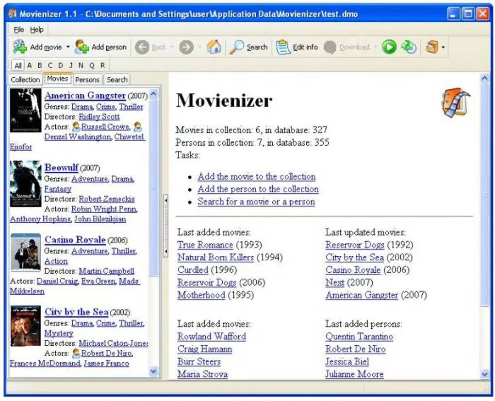 Movienizer 1.1 historical Windows interface with movie list and collection overview