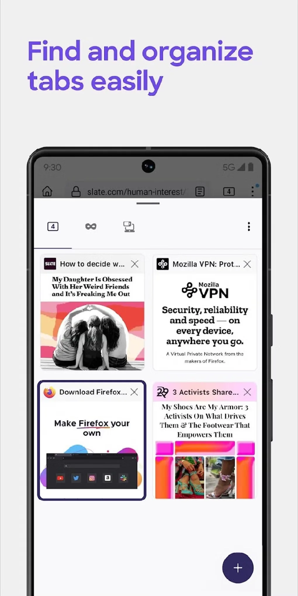 Firefox for Android gallery screenshot showing a four-tab overview with page previews and a new-tab button.