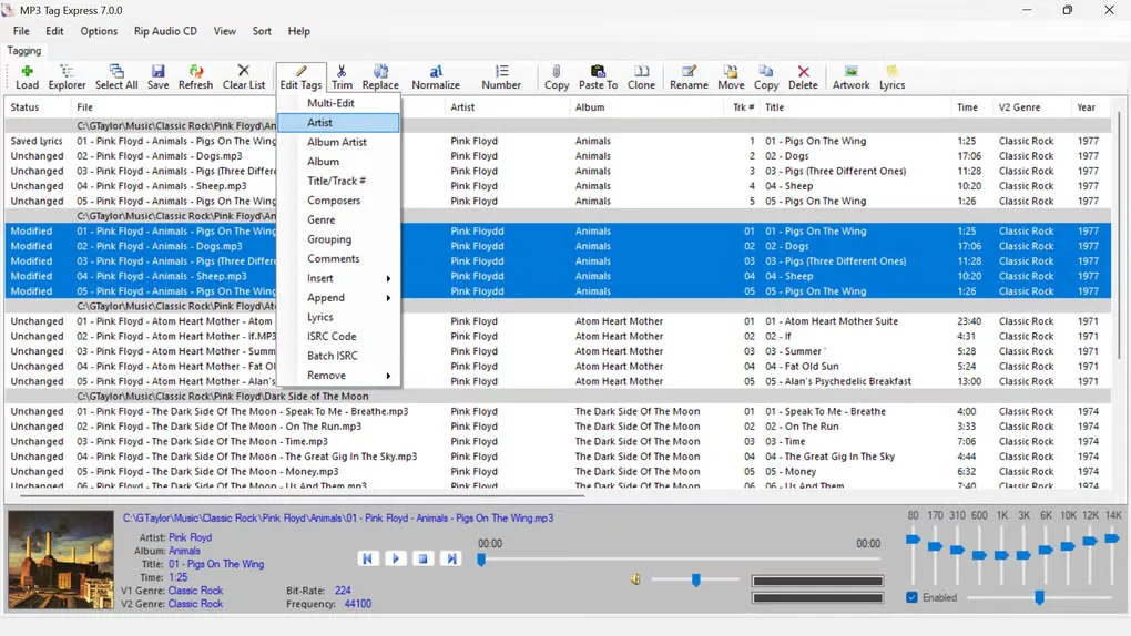 MP3 Tag Express on Windows with multiple audio tracks selected, the multi-edit tag menu open, and player controls below.