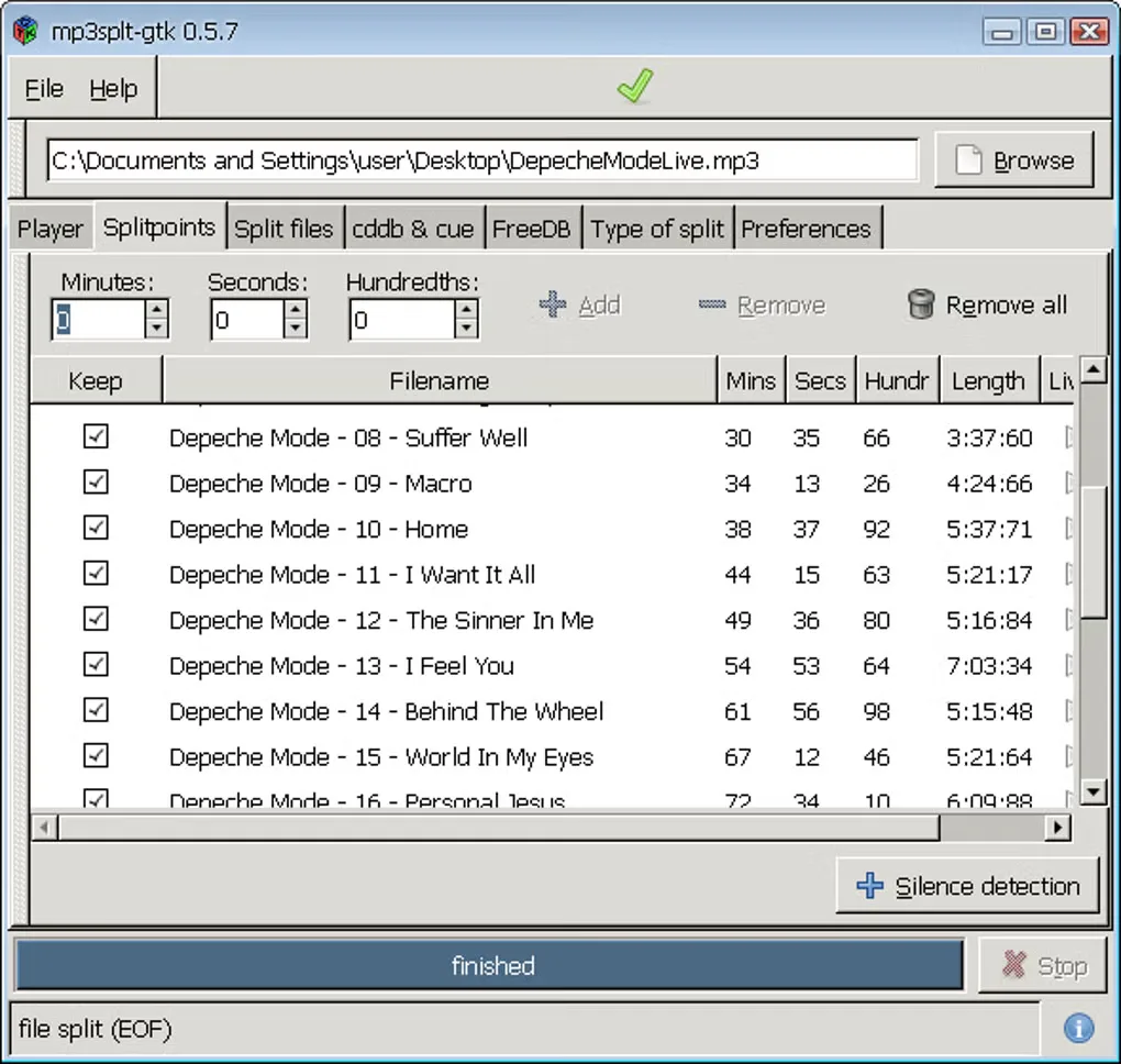 Historical Windows mp3splt-gtk 0.5.7 frontend with track split points and silence detection; separate from the CLI download.