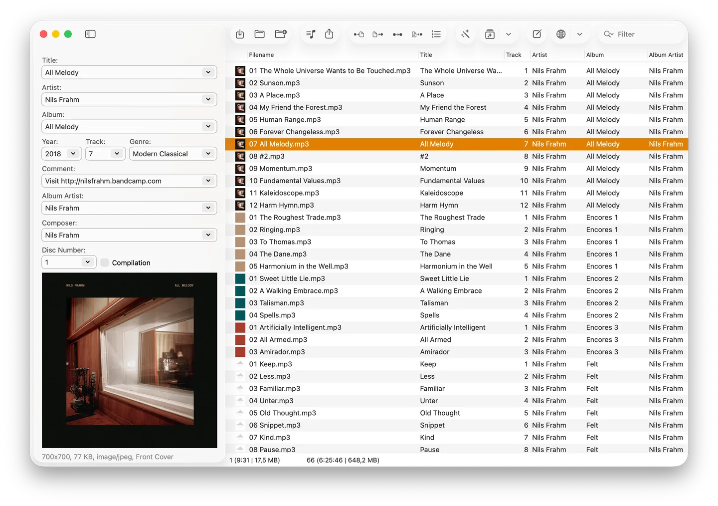 Mp3tag for Mac showing editable music tags, embedded album artwork and a track list with All Melody selected.