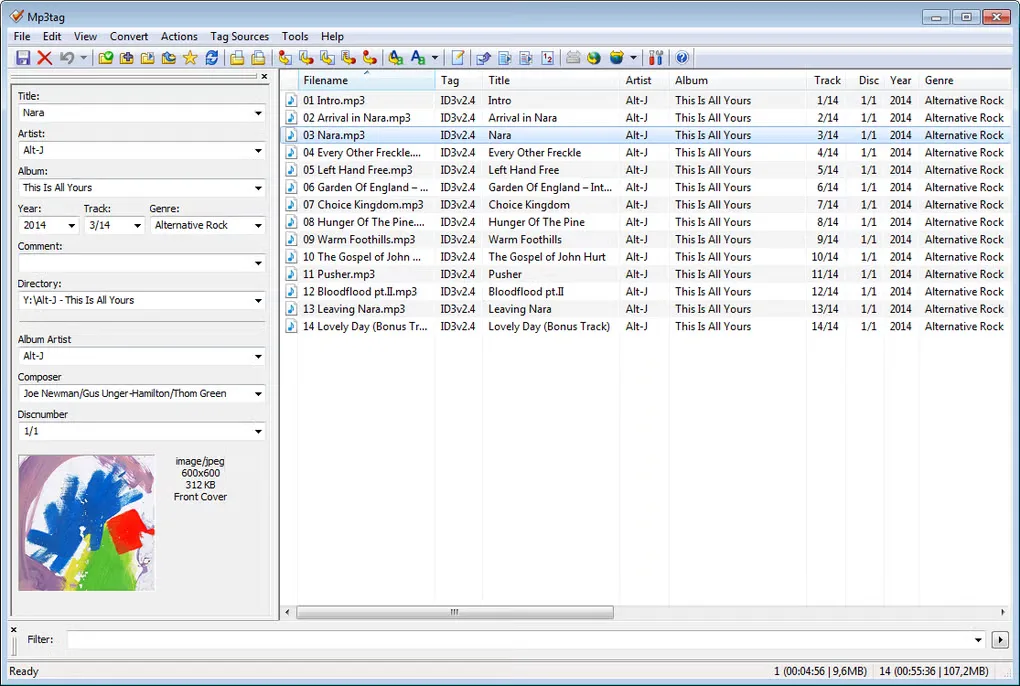 Mp3tag for Windows showing music tag fields, album artwork and an album track list