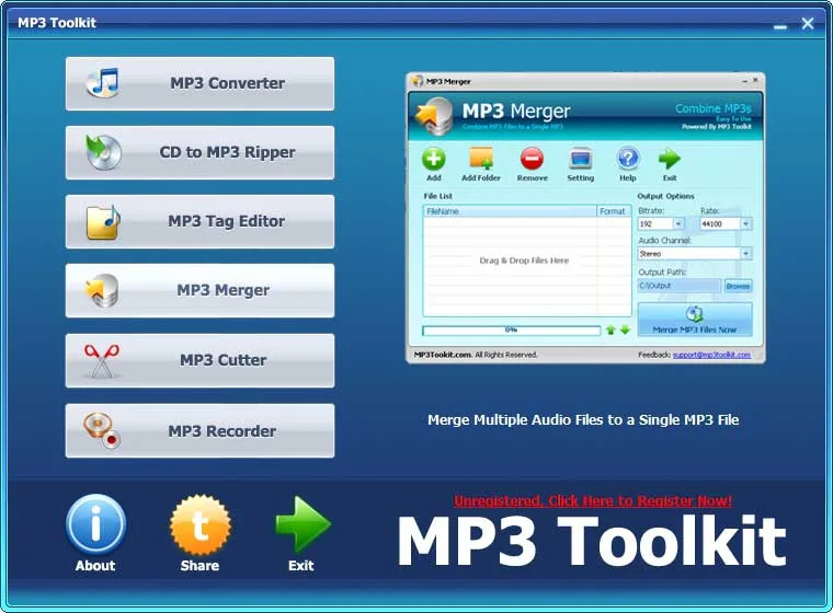 Historical MP3 Toolkit Windows launcher showing six audio tools, an MP3 Merger preview and an unregistered notice