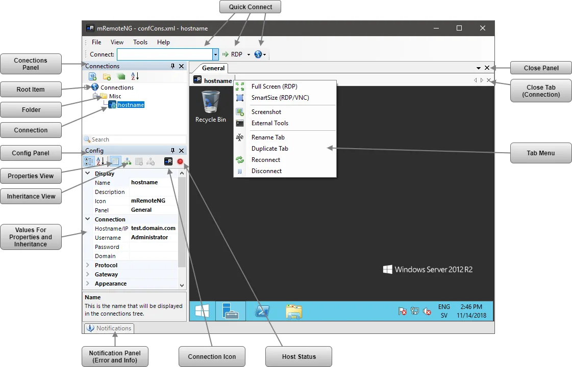 Annotated mRemoteNG window with connection tree, configuration panel and an RDP session tab menu