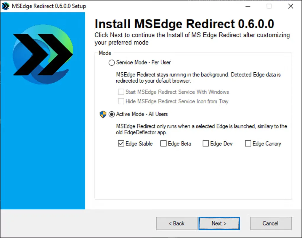 MSEdgeRedirect 0.6.0.0 Windows setup showing Service Mode and Active Mode choices; historical interface
