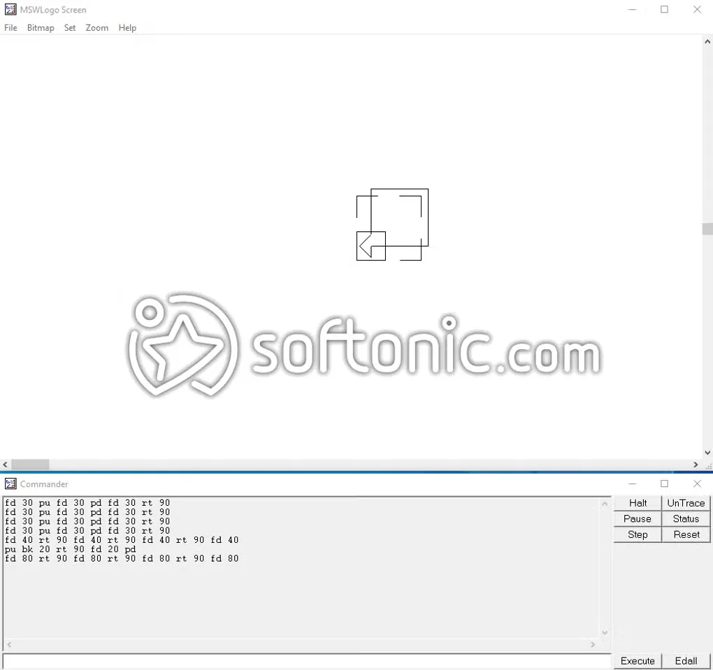 MSWLogo Screen with turtle-drawn lines above the Commander command history and controls; Softonic watermark retained.