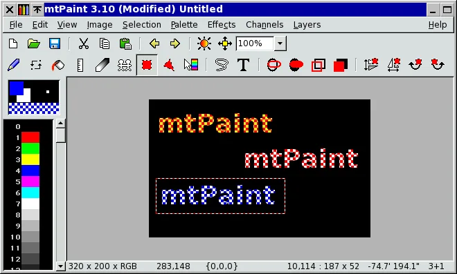 Historical mtPaint 3.10 interface with drawing tools, a colour palette and three coloured text samples on a black canvas; not version 3.50.