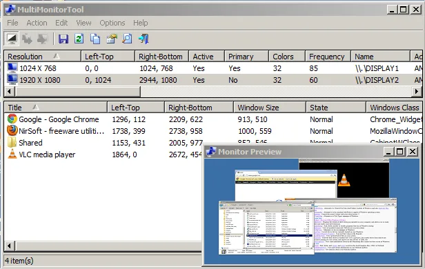 MultiMonitorTool on Windows showing two detected displays, a list of windows and a Monitor Preview window.