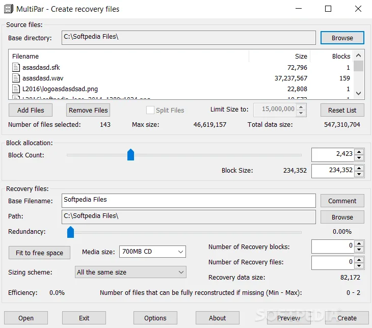 MultiPar Create recovery files window showing source files, block allocation and recovery redundancy controls