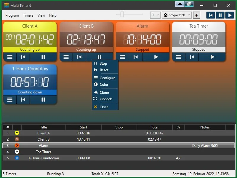 Multi Timer 6 on Windows showing five colored timers, timer controls and a timing list below