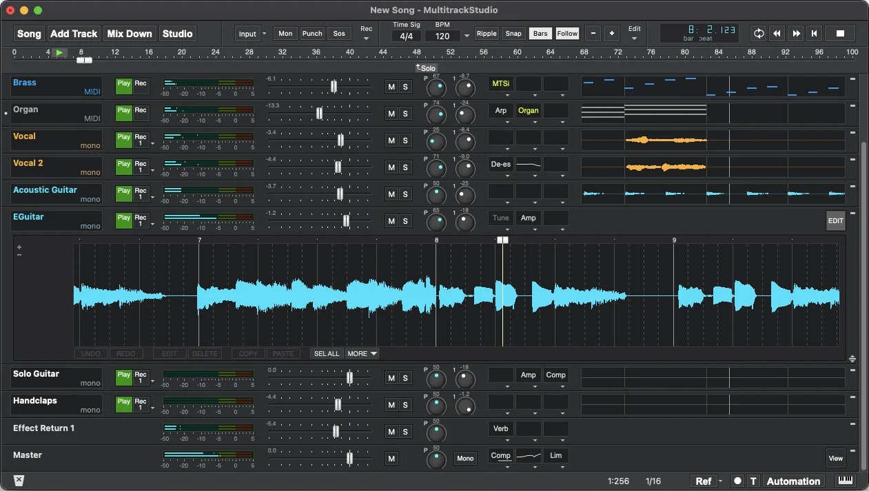 Publisher's MultitrackStudio Mac interface with audio waveforms, MIDI notes and mixer strips; arrangement exceeds Lite's three-track limit