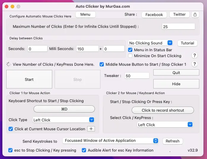 Auto Clicker by MurGaa on Mac showing click count, delay, start/stop controls and separate mouse and keyboard clicker panels.