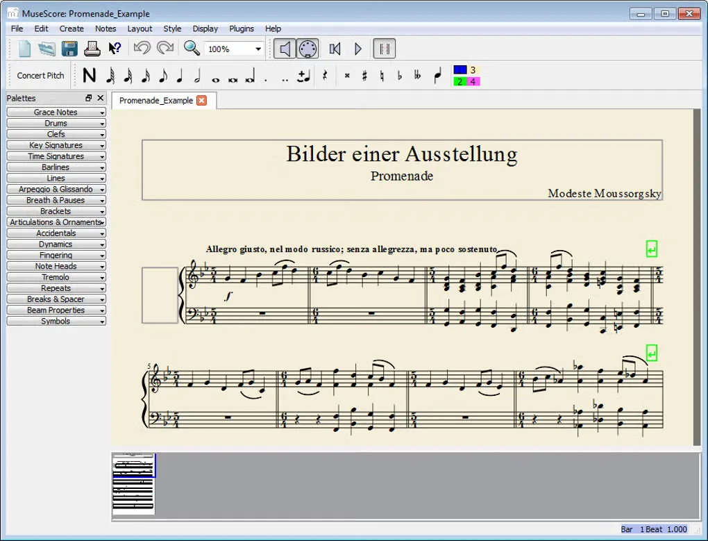 Historical MuseScore for Windows interface showing the Promenade score, notation palettes and playback toolbar; not the current 4.7.6 interface.
