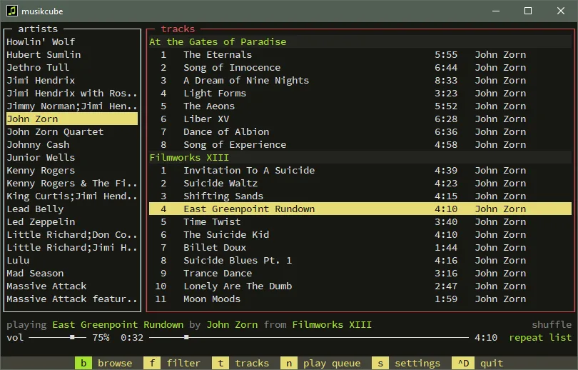 musikcube on Windows with artists on the left, album track lists on the right and playback controls along the bottom.