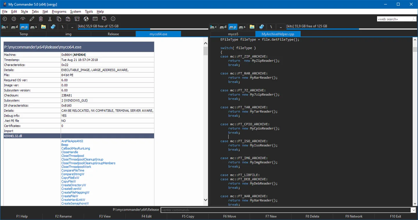 Publisher screenshot of My Commander 5.0 (x64), showing executable information and a syntax-colored code viewer; linked download is stable 4.0.