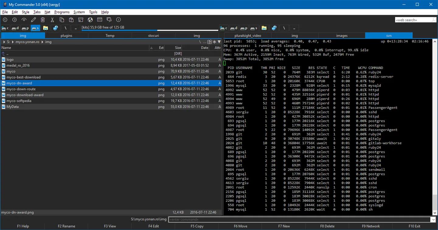 Publisher screenshot of My Commander 5.0 (x64), with a file list on the left and a terminal on the right; linked download is stable 4.0.