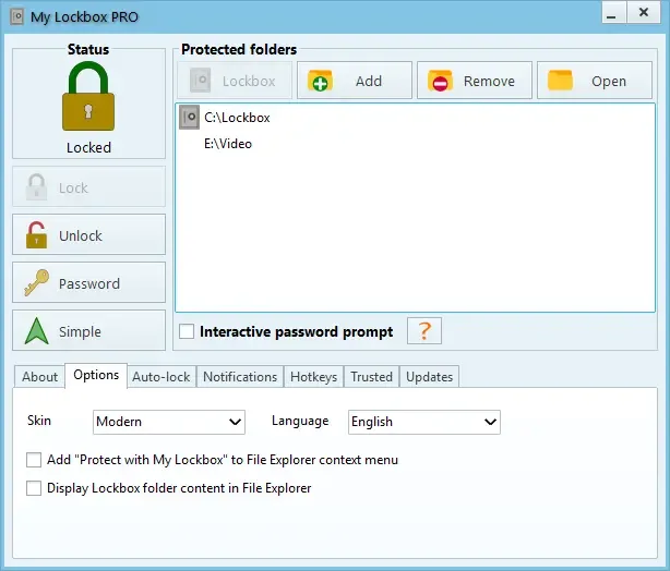 Publisher screenshot of My Lockbox PRO showing locked status, two protected folders and the Options tab; the free edition allows one folder.