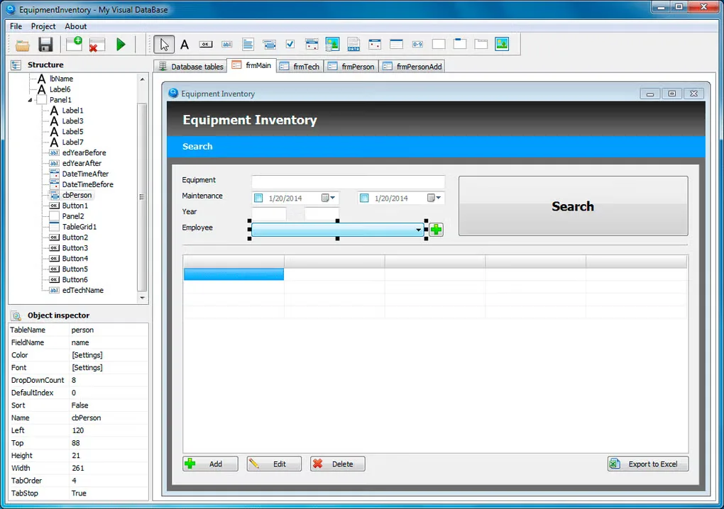 Historical My Visual Database form designer showing an Equipment Inventory search form, component tree and object inspector