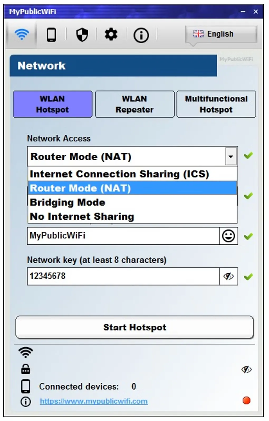 MyPublicWiFi source-gallery interface showing network access choices including ICS, Router Mode, Bridging Mode and No Internet Sharing.