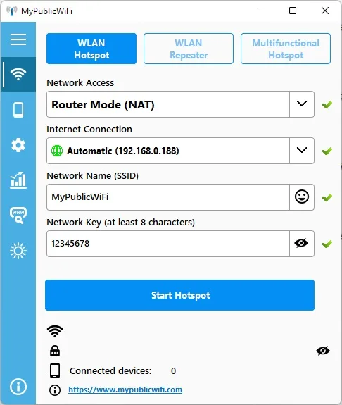 MyPublicWiFi Windows hotspot setup with Router Mode (NAT), internet connection, network name and network key fields.