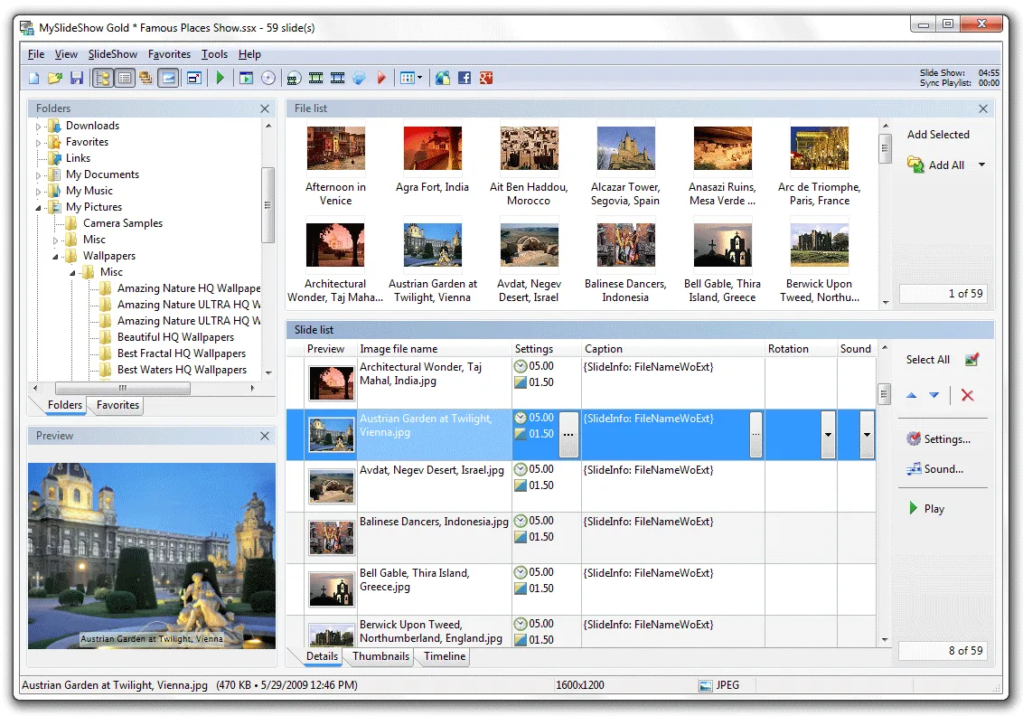 MySlideShow Gold main window with image folders, photo thumbnails, a slide list and selected-photo preview.