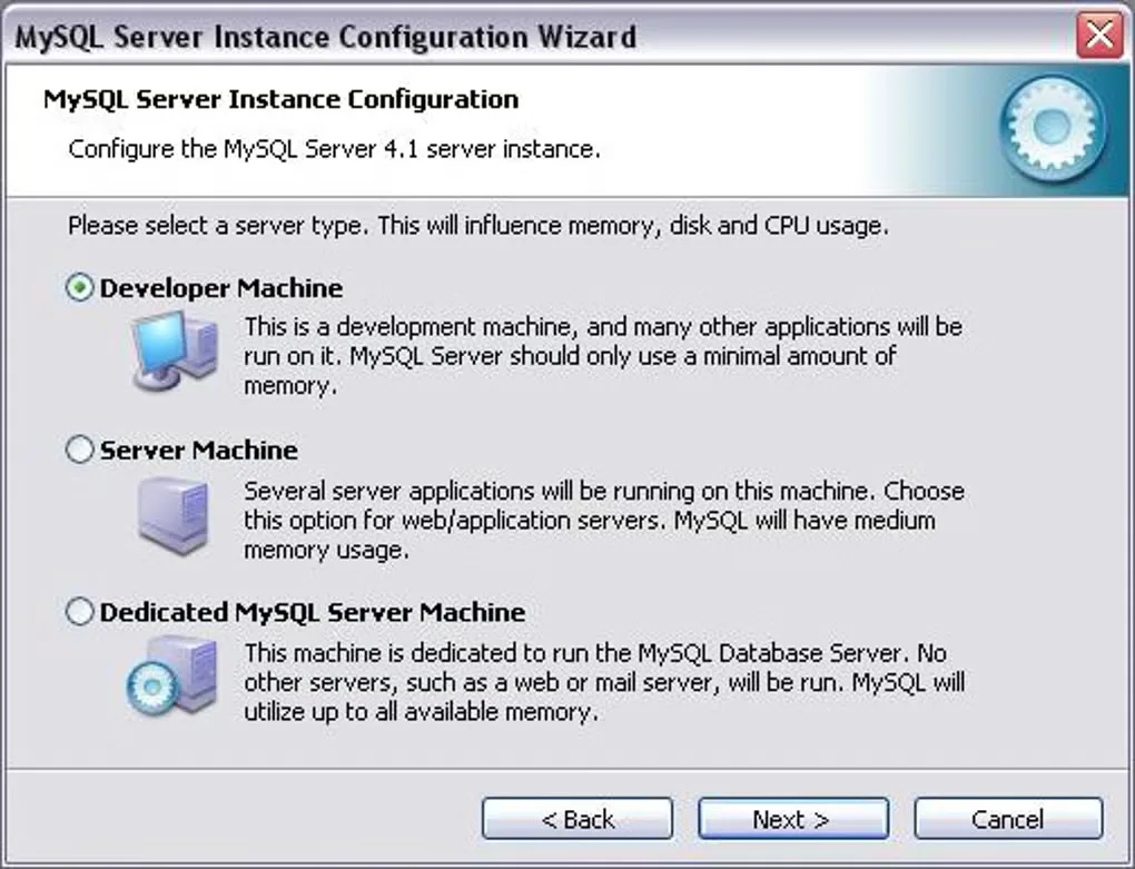 Historical MySQL Server 4.1 configuration wizard on Windows showing server-type choices; not the 26.10 interface