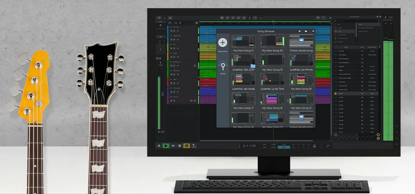 Publisher image of n-Track Studio on a PC monitor, showing colored tracks, Song Browser, loop browser and level meters.