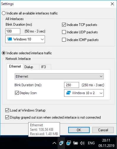 Network Activity Indicator settings showing interface selection, packet types, blink duration and its Windows system-tray icon