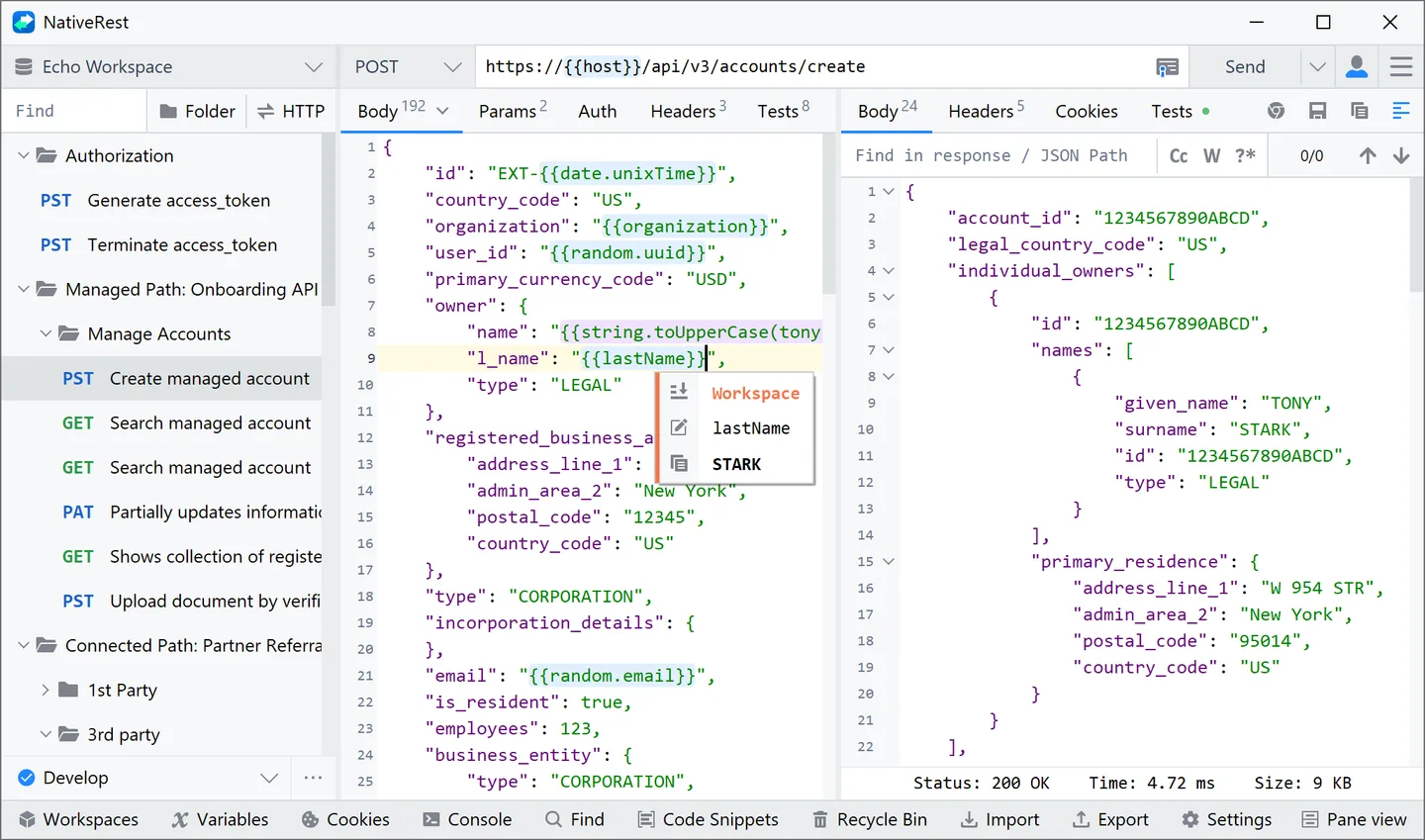 NativeRest on Windows showing request folders, a POST request with JSON variables, and a JSON response.
