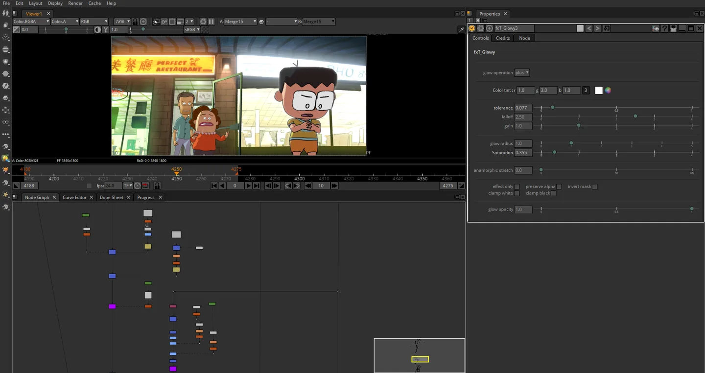 Natron workspace with an animated scene in the viewer, a node graph below and glow effect controls on the right.
