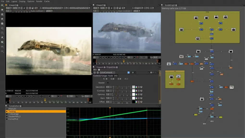 Natron compositing workspace with two spacecraft preview viewers, color controls, animation curves and a connected node graph.