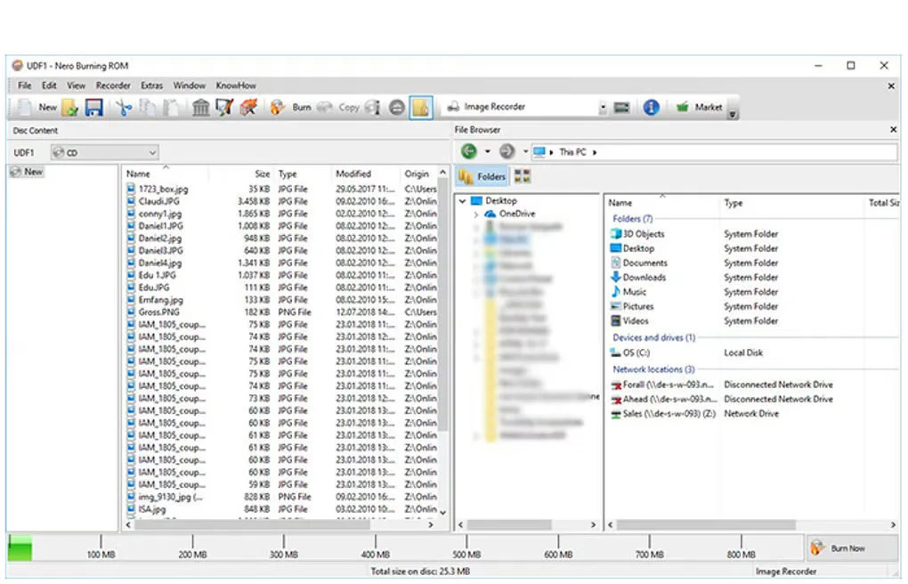 Nero Burning ROM on Windows with a data-disc file compilation, file browser and disc-capacity scale.
