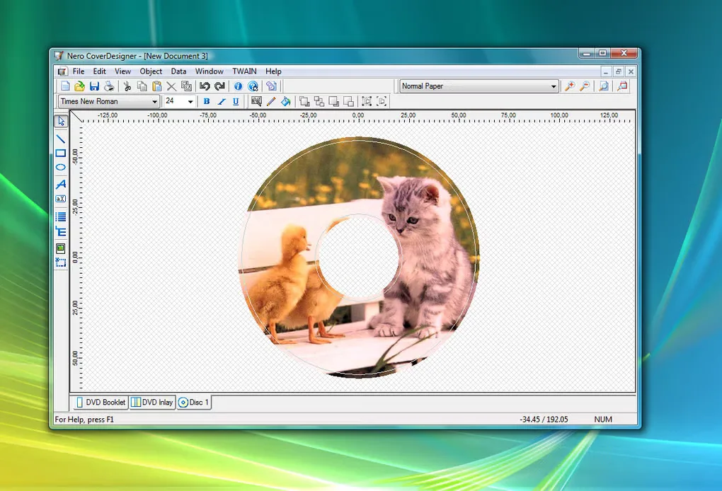 Nero CoverDesigner Windows workspace with a photo-filled disc label and DVD booklet, DVD inlay and Disc 1 tabs.