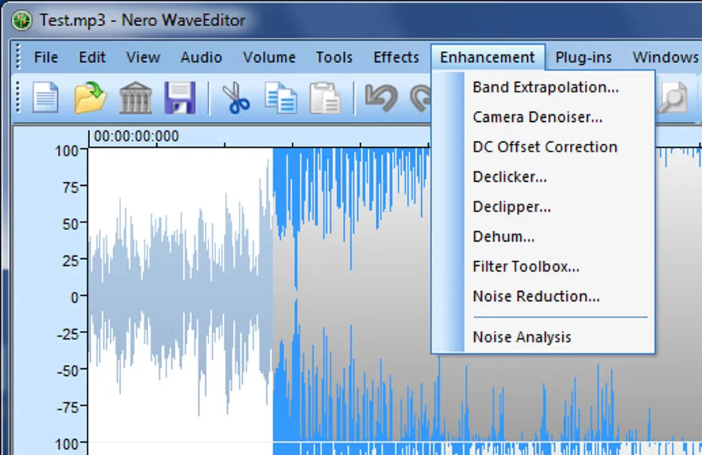 Nero WaveEditor for Windows showing a selected audio waveform and the Enhancement menu with noise-reduction tools.