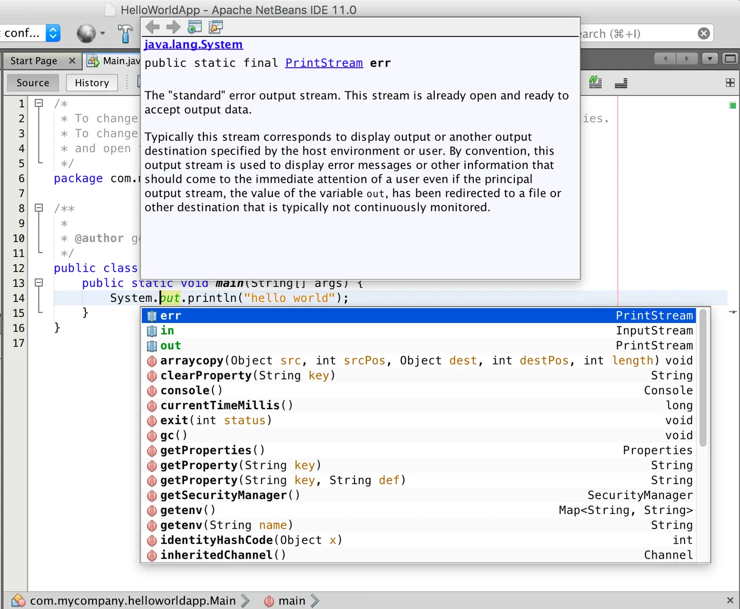 Historical Apache NetBeans IDE 11.0 on macOS showing Java code completion and System documentation