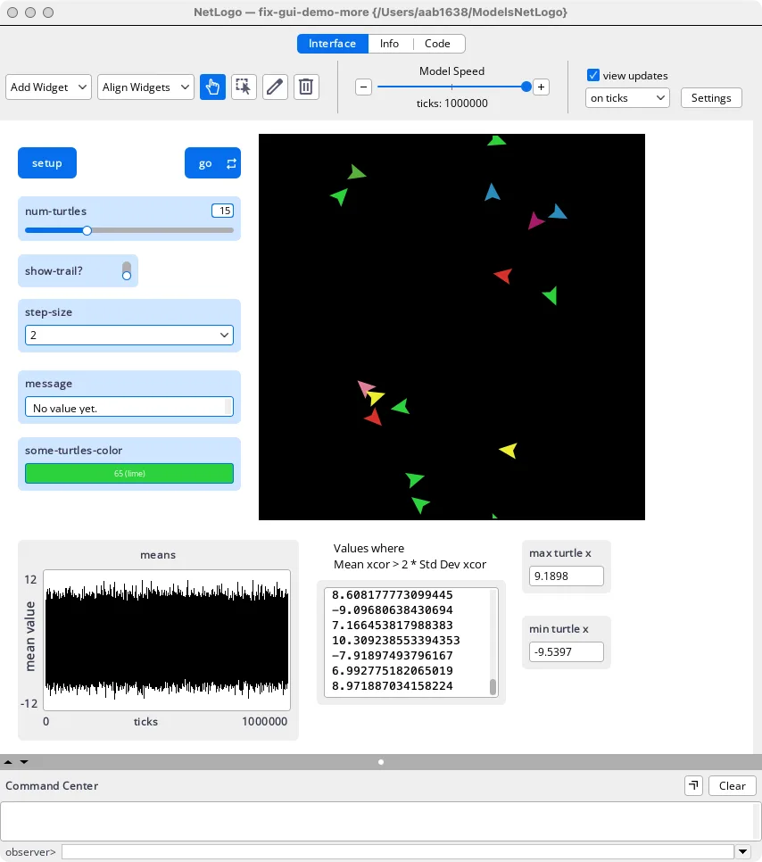 NetLogo on Mac in the light theme, showing turtle agents, model controls, a plot, monitors and the Command Center.