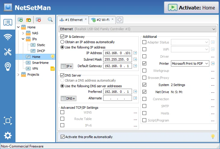 NetSetMan main window showing a Home profile with IP, gateway and DNS fields, printer selection and automatic profile activation