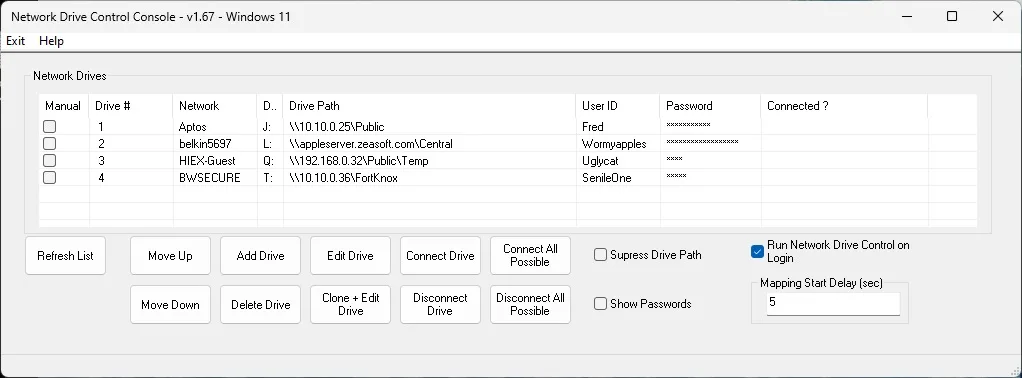 Publisher screenshot of Network Drive Control 1.67 on Windows 11, showing network-specific drive mappings and logon options