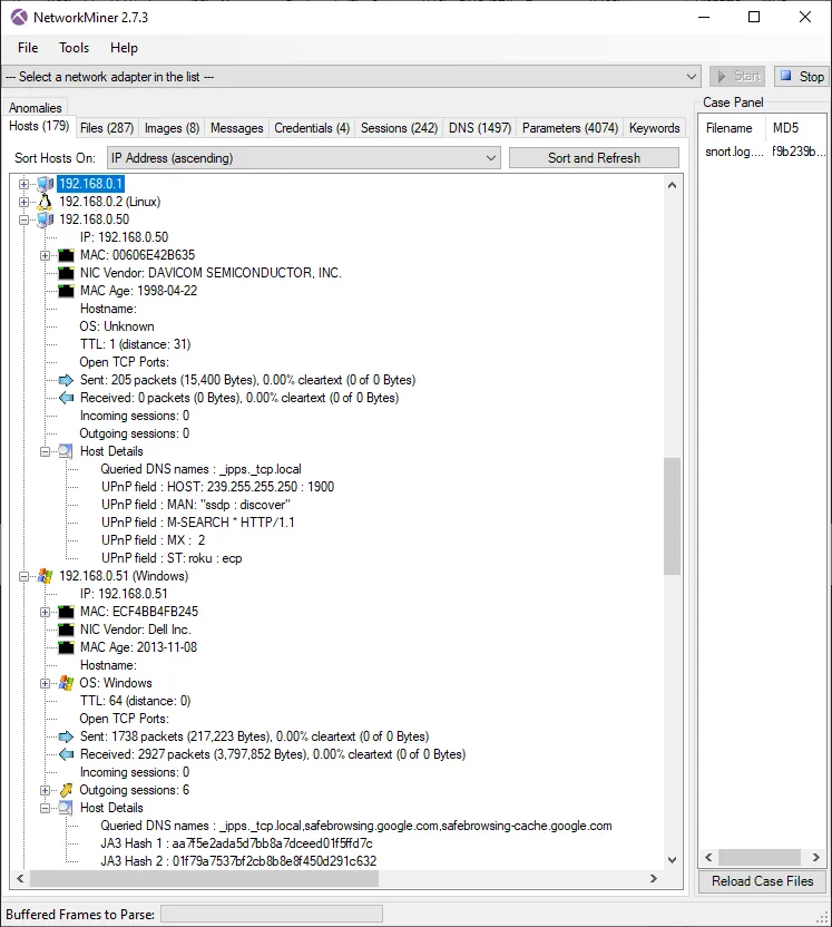 NetworkMiner 2.7.3 on Windows showing the Hosts tab, expanded device details and the case panel; publisher example of an earlier version.