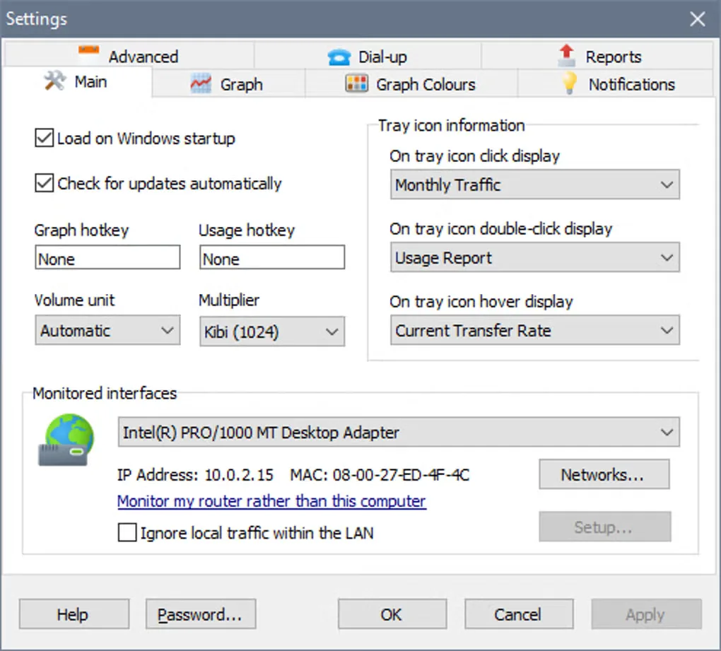 Older NetWorx Windows settings interface showing tray display choices and a monitored network adapter; version unverified