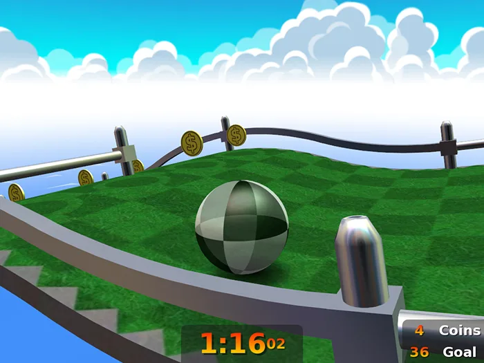 Neverball Easy Set level 7 showing a ball on a green platform, coins, railings and the timer and goal HUD.