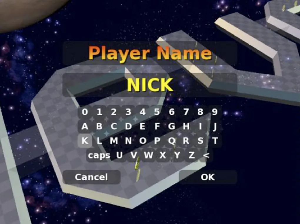 Neverball Player Name screen with an on-screen keyboard over a floating obstacle course