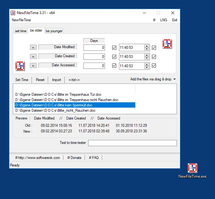 Historical NewFileTime 3.31 x64 interface with timestamp fields, file list and old/new time preview