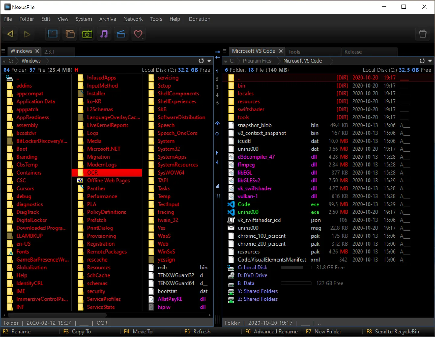 Publisher screenshot of NexusFile with Windows folders in the left pane and Microsoft VS Code files in the right pane.